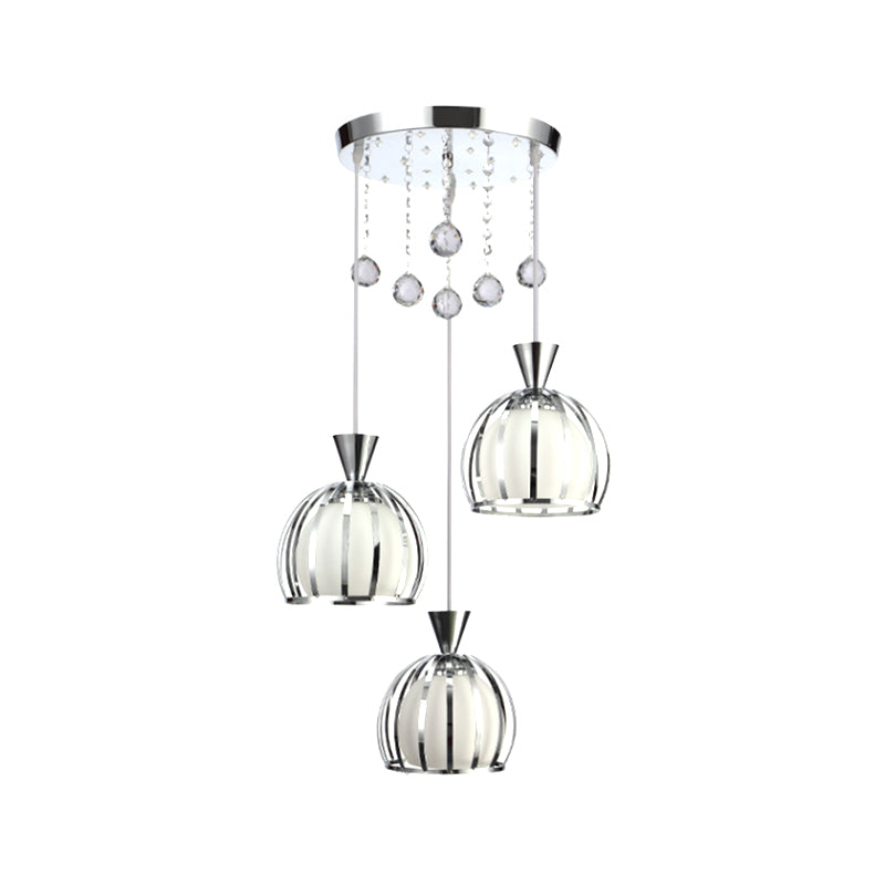 Retro Stylish Domed Cage Hanging Lamp - 3 Metal Pendant Lights with Clear Crystal Ball Deco in Black/White Finish