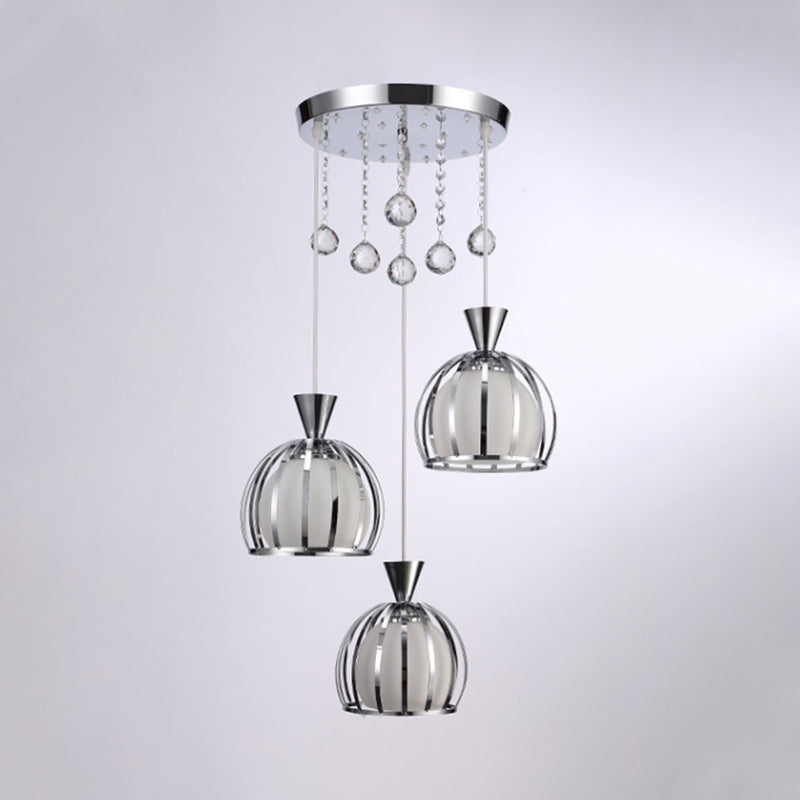 Retro Stylish Domed Cage Hanging Lamp - 3 Metal Pendant Lights with Clear Crystal Ball Deco in Black/White Finish