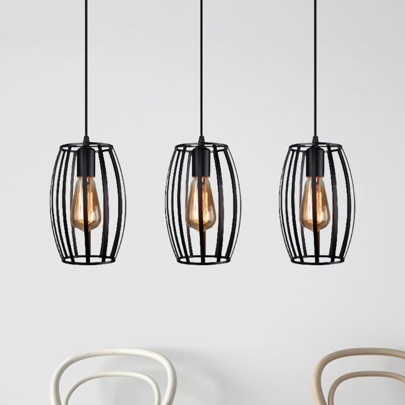 Suspension ovale moderne avec abat-jour en cage - Noir/blanc, 3 lumières, plafonnier d'intérieur suspendu