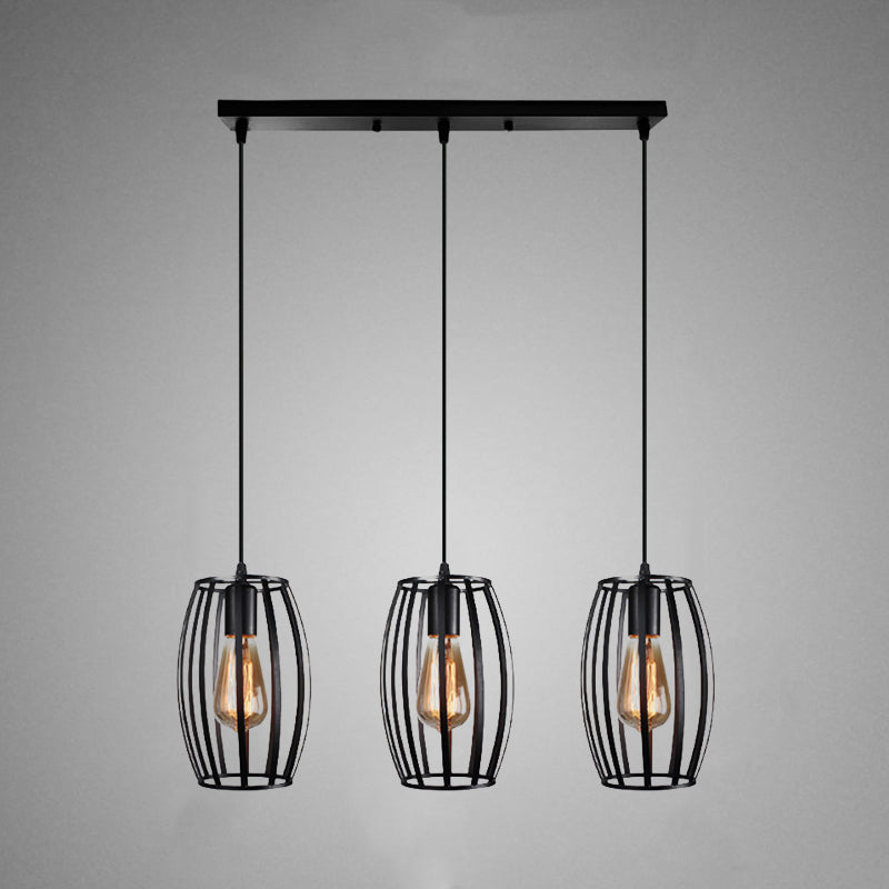 Suspension ovale moderne avec abat-jour en cage - Noir/blanc, 3 lumières, plafonnier d'intérieur suspendu
