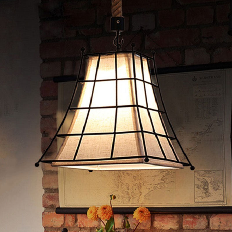 Vintage Metal Pendant Lamp With White Fabric Shade - 1 Light For Dining Room Ceiling