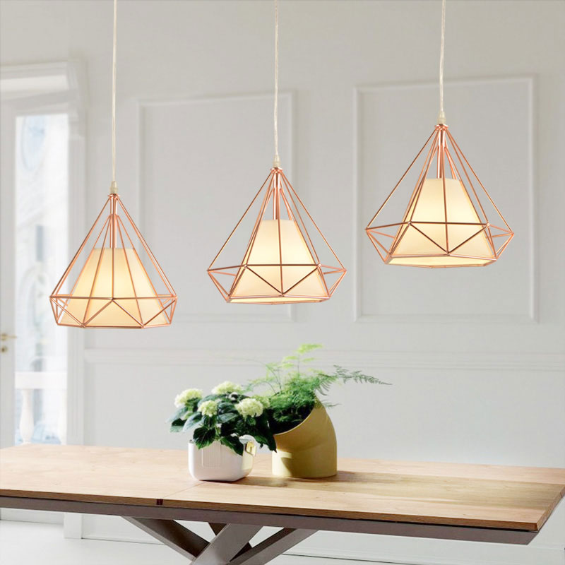 Macaron Style Rose Gold Diamond Cage Ceiling Light – Metal and Fabric Pendant for Coffee Shops