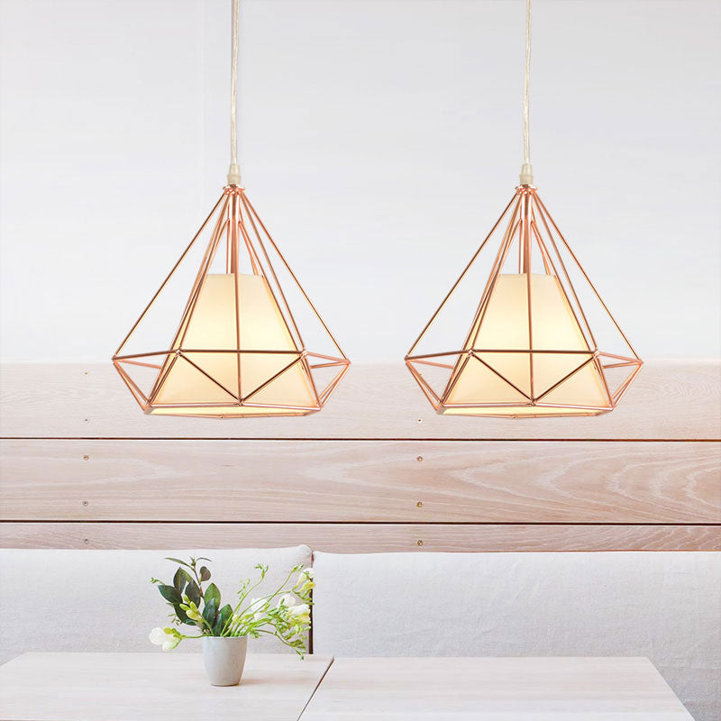 Rose Gold Diamond Cage Macaron Style Ceiling Light With Fabric Shade - Perfect For Coffee Shop