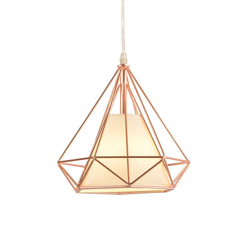Rose Gold Diamond Cage Macaron Style Ceiling Light With Fabric Shade - Perfect For Coffee Shop