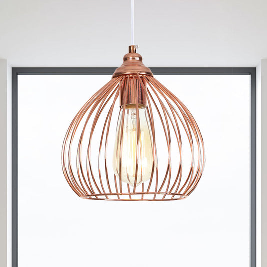 Industrial Rose Gold Gourd Pendant Light with Wire Guard - Single Hanging Ceiling Light