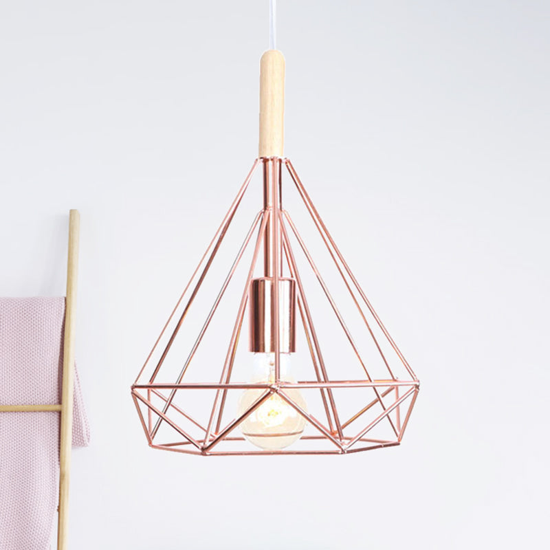 Nordic Industrial Rose Gold Diamond Metal Cage Pendant Light - 1 Ceiling Hanging Fixture / Small