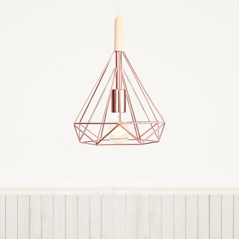 Rose Gold Diamond Metal Cage Pendant Light - Nordic Industrial Ceiling Hanging Lamp