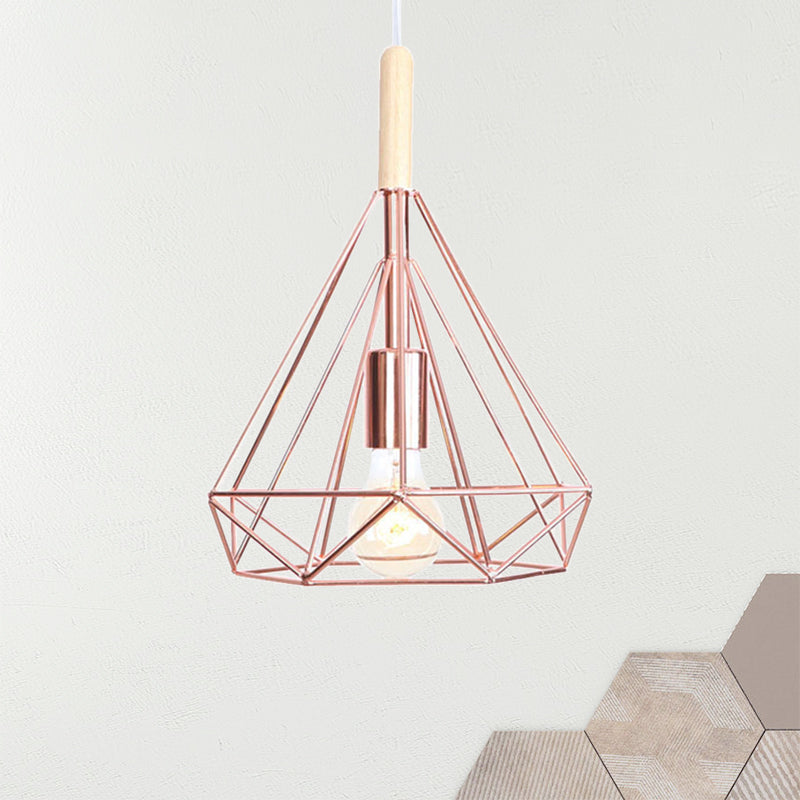 Nordic Industrial Rose Gold Diamond Metal Cage Pendant Light - 1 Ceiling Hanging Fixture
