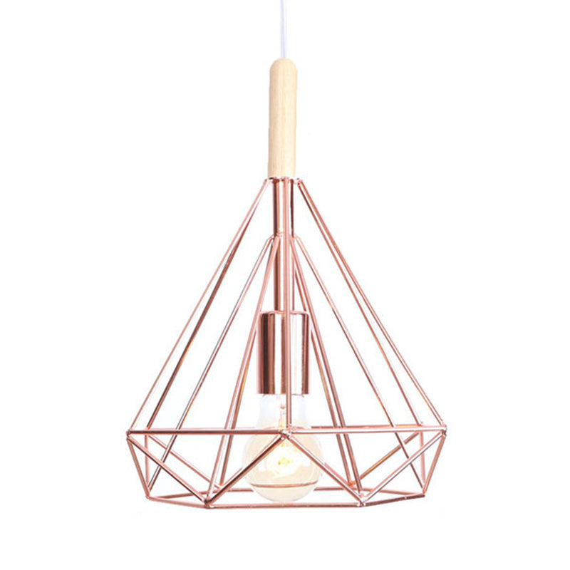 Nordic Industrial Rose Gold Diamond Metal Cage Pendant Light - 1 Ceiling Hanging Fixture