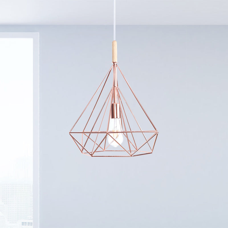 Nordic Industrial Rose Gold Diamond Metal Cage Pendant Light - 1 Ceiling Hanging Fixture