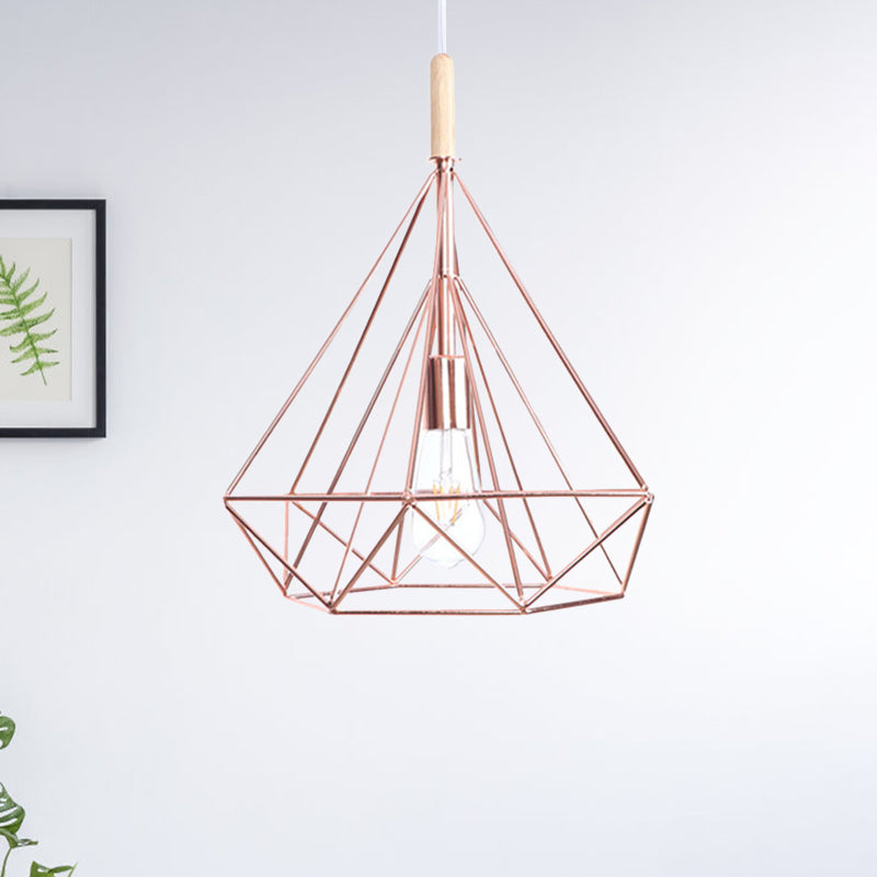 Rose Gold Diamond Metal Cage Pendant Light - Nordic Industrial Ceiling Hanging Lamp