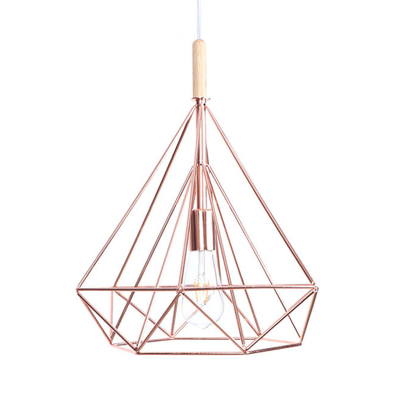 Rose Gold Diamond Metal Cage Pendant Light - Nordic Industrial Ceiling Hanging Lamp