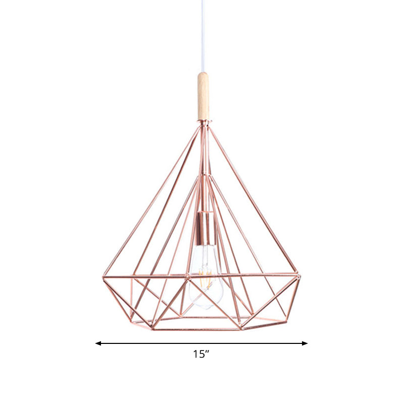 Rose Gold Diamond Metal Cage Pendant Light - Nordic Industrial Ceiling Hanging Lamp
