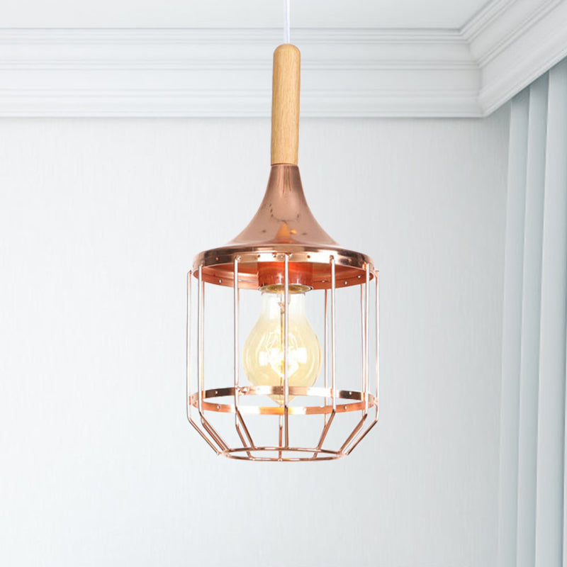 Drum Ceiling Pendant - Rose Gold & Metal Cage; Modern 1 Light Hanging For Corridor