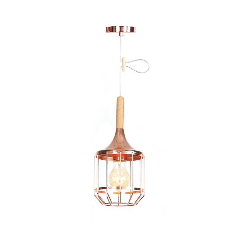 Modern Rose Gold Drum Pendant Light with Metal Cage for Corridor