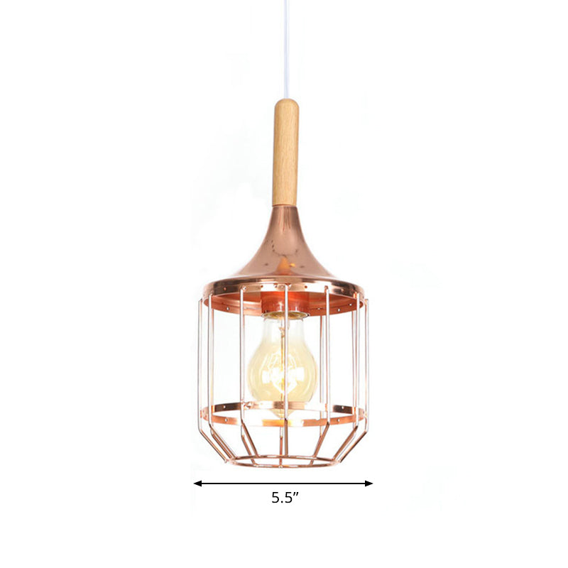 Drum Ceiling Pendant - Rose Gold & Metal Cage; Modern 1 Light Hanging For Corridor