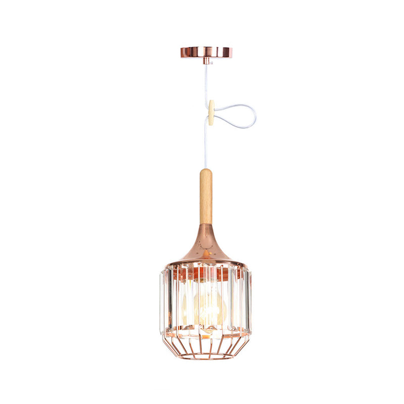 Modern Rose Gold Drum Pendant Light with Metal Cage for Corridor