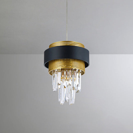Modern Taper Great Room Down Mini Pendant with Crystal Prisms, Black and Gold Finish - 1 Bulb Suspension Light