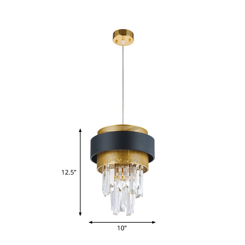 Modern Taper Great Room Down Mini Pendant with Crystal Prisms, Black and Gold Finish - 1 Bulb Suspension Light