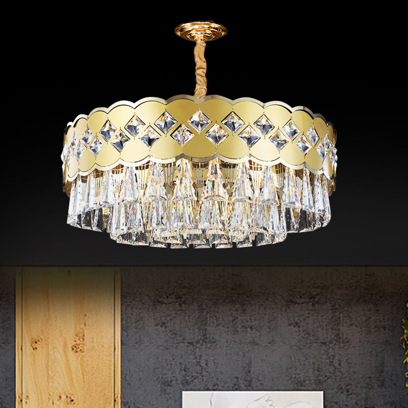 Lustre à tambour moderne à 9 têtes avec finition dorée, gouttes de cristal transparent - Éclairage suspendu pour grande pièce, largeur 19,5"/23,5"
