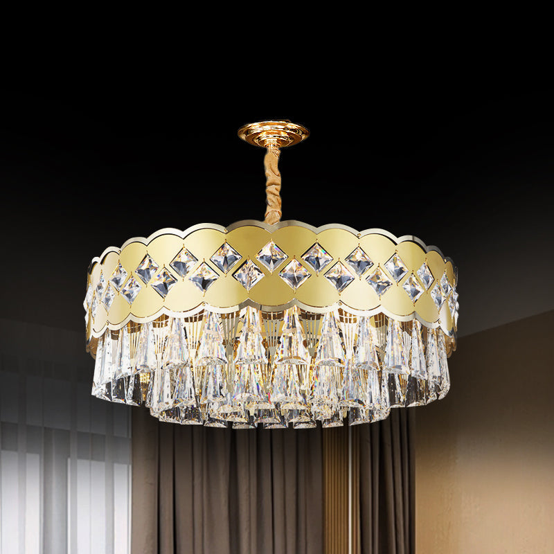 Lustre à tambour moderne à 9 têtes avec finition dorée, gouttes de cristal transparent - Éclairage suspendu pour grande pièce, largeur 19,5"/23,5"