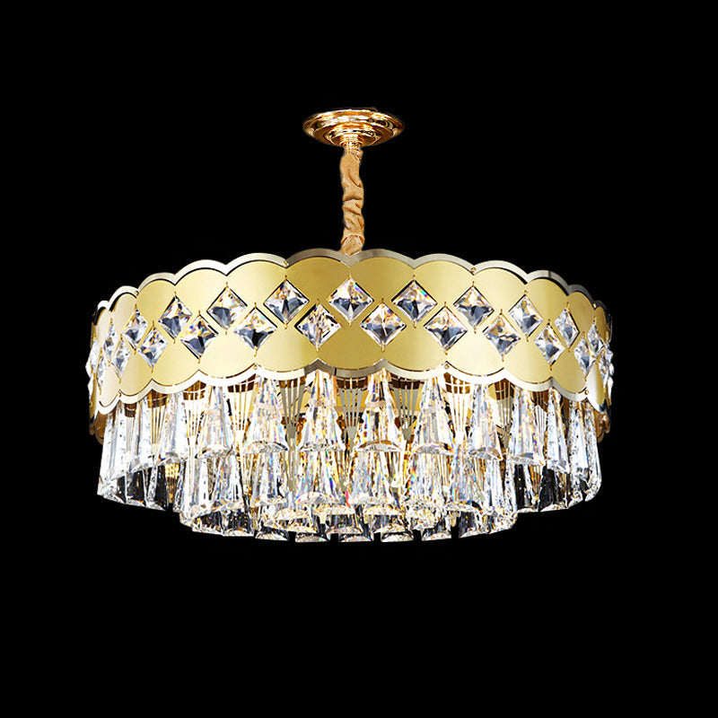 Lustre à tambour moderne à 9 têtes avec finition dorée, gouttes de cristal transparent - Éclairage suspendu pour grande pièce, largeur 19,5"/23,5"