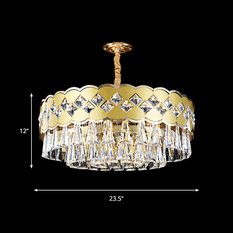 Lustre à tambour moderne à 9 têtes avec finition dorée, gouttes de cristal transparent - Éclairage suspendu pour grande pièce, largeur 19,5"/23,5"