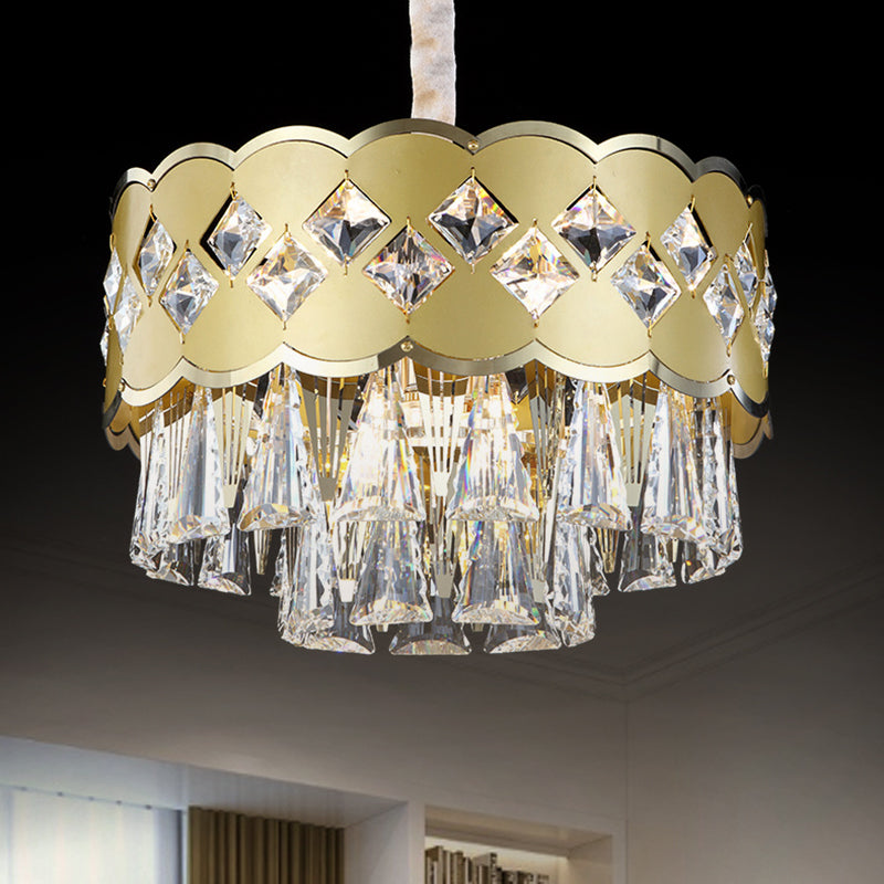 Lustre à tambour moderne à 9 têtes avec finition dorée, gouttes de cristal transparent - Éclairage suspendu pour grande pièce, largeur 19,5"/23,5"