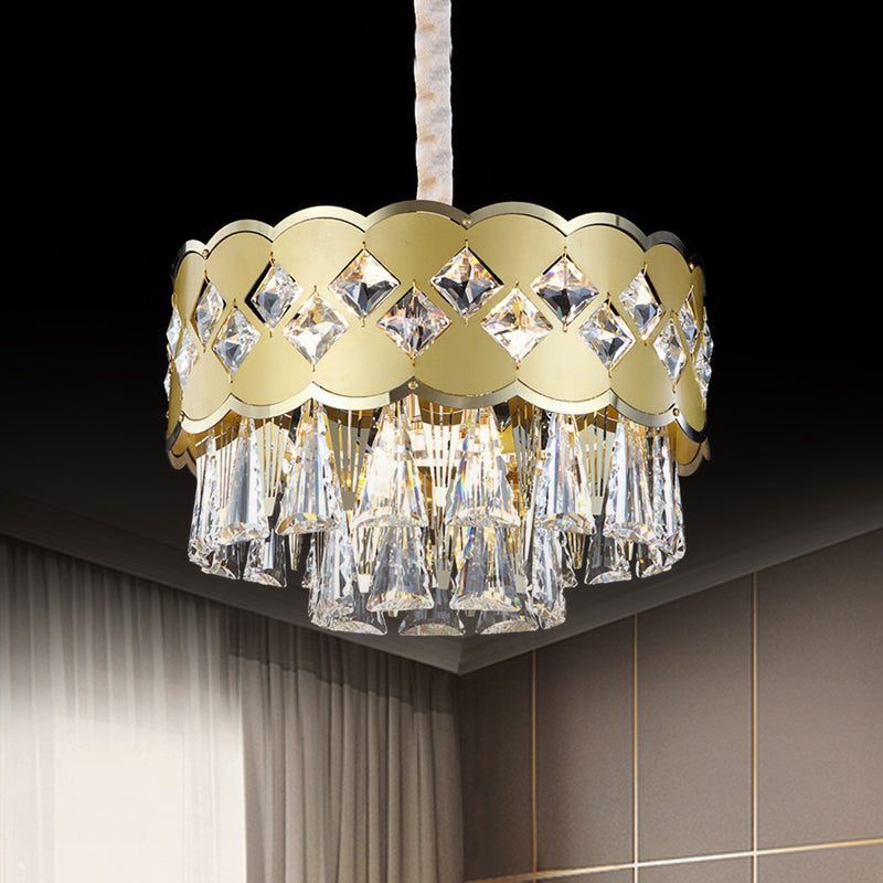 Lustre à tambour moderne à 9 têtes avec finition dorée, gouttes de cristal transparent - Éclairage suspendu pour grande pièce, largeur 19,5"/23,5"