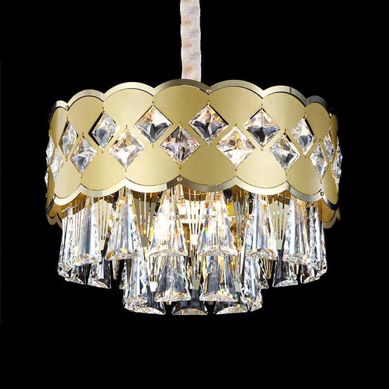 Lustre à tambour moderne à 9 têtes avec finition dorée, gouttes de cristal transparent - Éclairage suspendu pour grande pièce, largeur 19,5"/23,5"