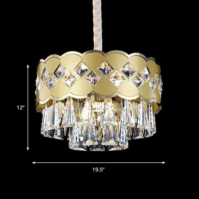 Lustre à tambour moderne à 9 têtes avec finition dorée, gouttes de cristal transparent - Éclairage suspendu pour grande pièce, largeur 19,5"/23,5"
