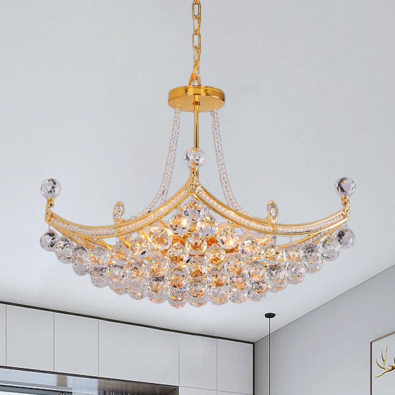 Contemporary Chrome/Gold Cornice Frame Pendant Chandelier with 6 Bulbs and Clear Crystal Balls