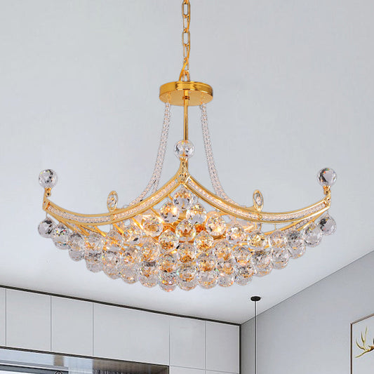Contemporary Chrome/Gold Cornice Frame Pendant Chandelier with 6 Bulbs and Clear Crystal Balls