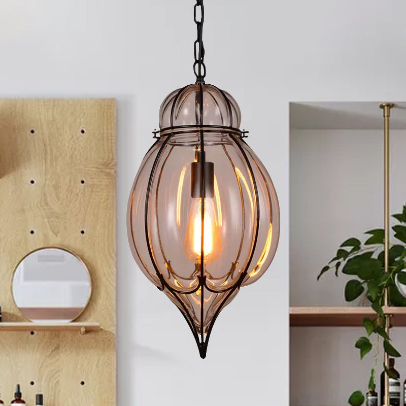 Suspension industrielle simple avec larme en verre transparent et finition noire pour restaurants