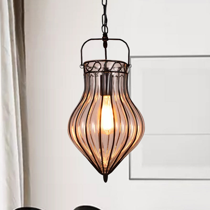 Suspension industrielle simple avec larme en verre transparent et finition noire pour restaurants