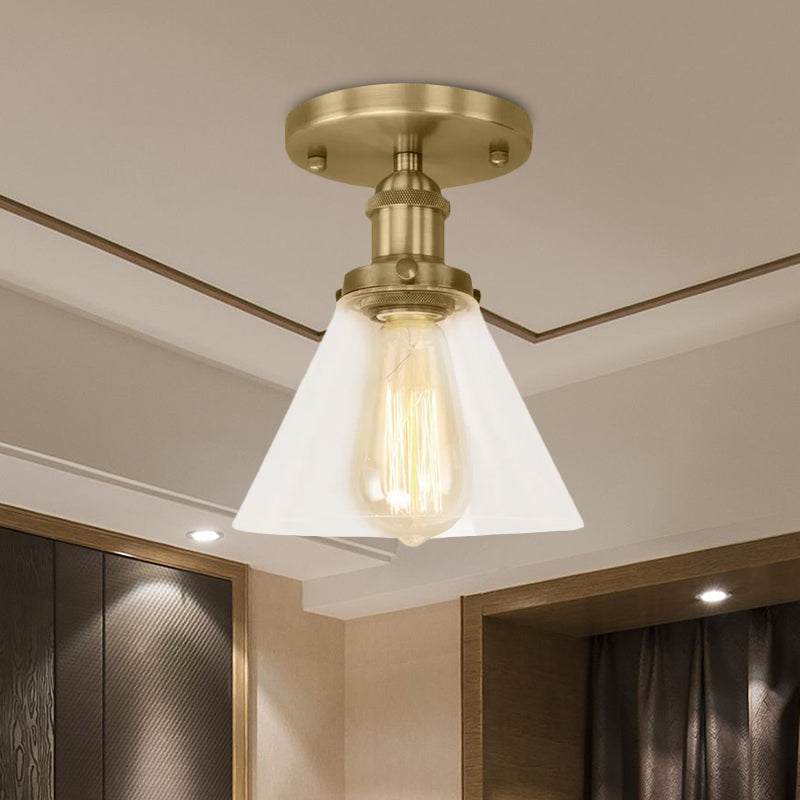 Industrial Clear Glass Ceiling Light in Black/Brass/Copper - Single Bulb Semi Flush Mount