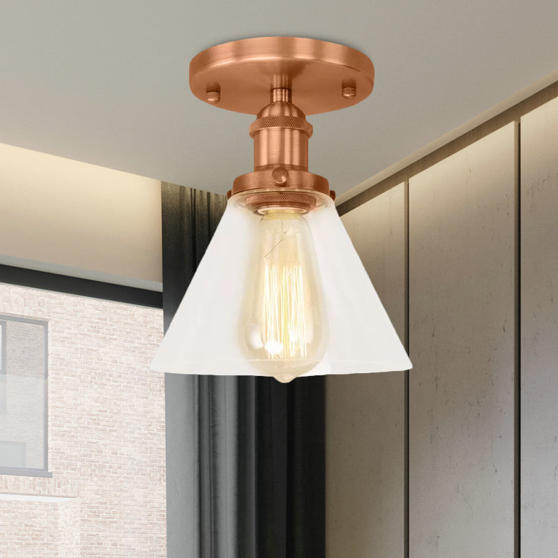 Industrial Clear Glass Ceiling Light in Black/Brass/Copper - Single Bulb Semi Flush Mount
