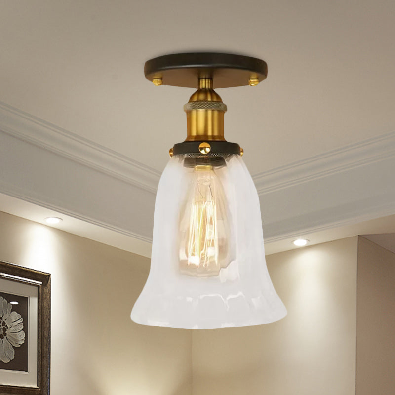 Industrial Flared Glass Semi Flush Mount Light with Clear Bulb in Black/Bronze/Copper