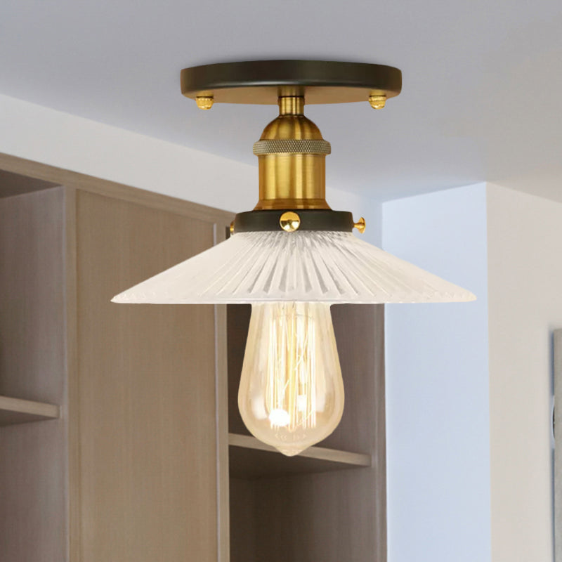Semi Mount Ribbed Glass Cone Ceiling Light in Black/Brass/Copper - Industrial Style for Living Room - 1 Bulb