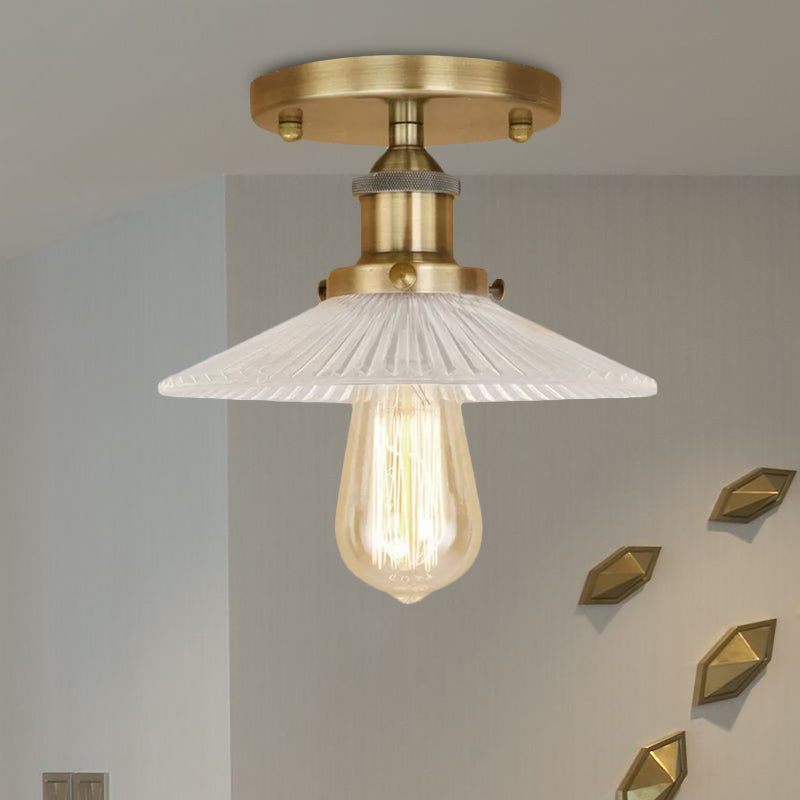 Semi Mount Ribbed Glass Cone Ceiling Light in Black/Brass/Copper - Industrial Style for Living Room - 1 Bulb