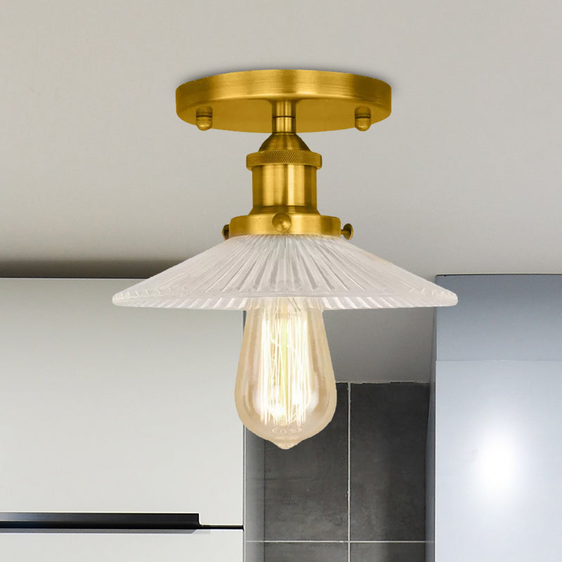 Semi Mount Ribbed Glass Cone Ceiling Light in Black/Brass/Copper - Industrial Style for Living Room - 1 Bulb