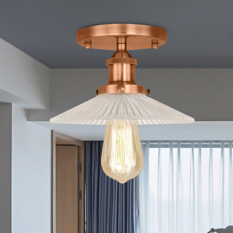 Semi Mount Ribbed Glass Cone Ceiling Light in Black/Brass/Copper - Industrial Style for Living Room - 1 Bulb