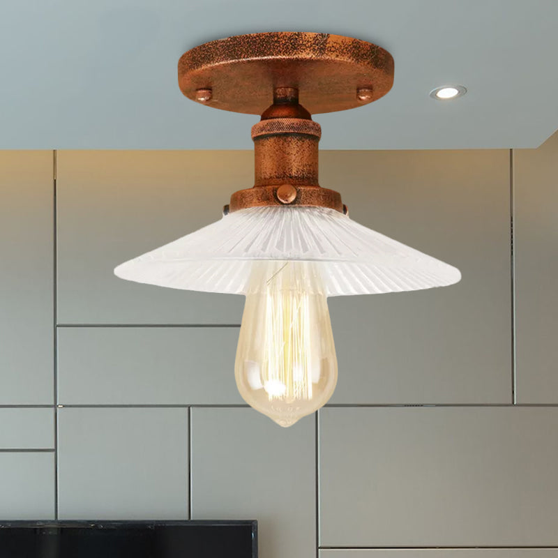Semi Mount Ribbed Glass Cone Ceiling Light in Black/Brass/Copper - Industrial Style for Living Room - 1 Bulb