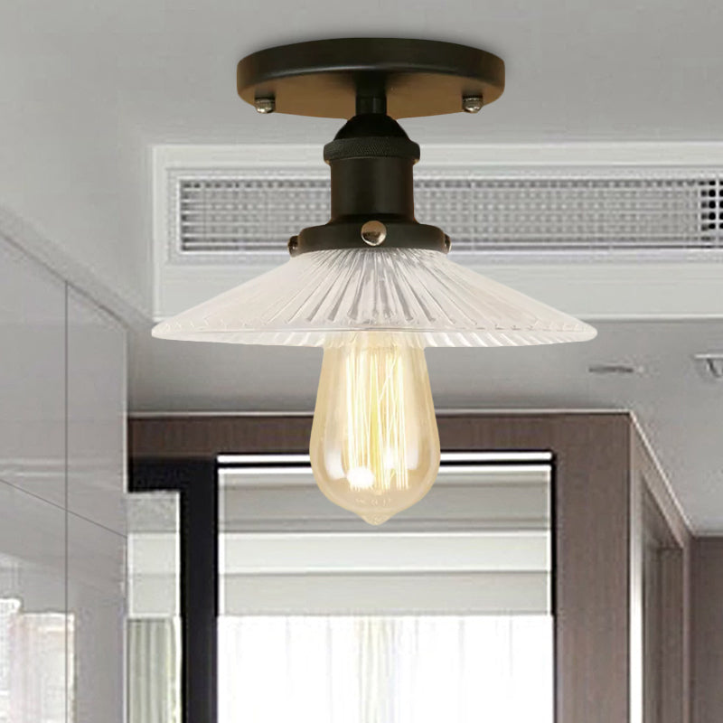 Semi Mount Ribbed Glass Cone Ceiling Light in Black/Brass/Copper - Industrial Style for Living Room - 1 Bulb