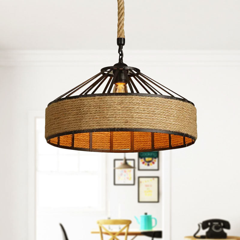 Vintage Style Drum Shade Rope Pendant Ceiling Light in Black for Coffee Shops