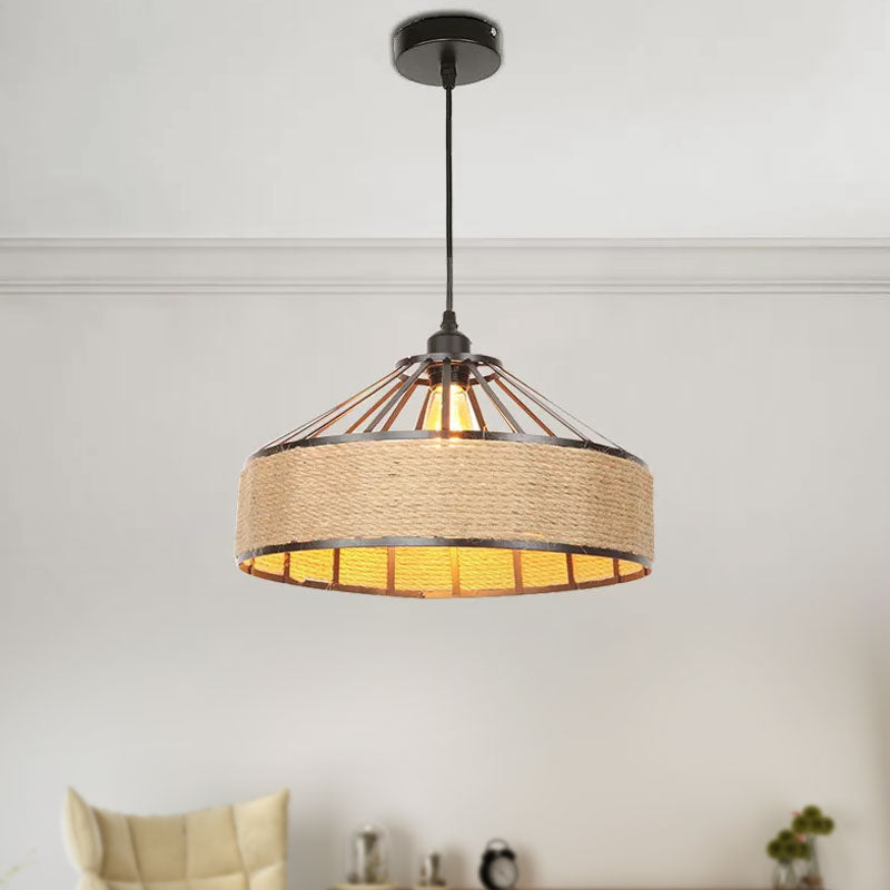 Vintage Style Drum Shade Rope Pendant Ceiling Light in Black for Coffee Shops