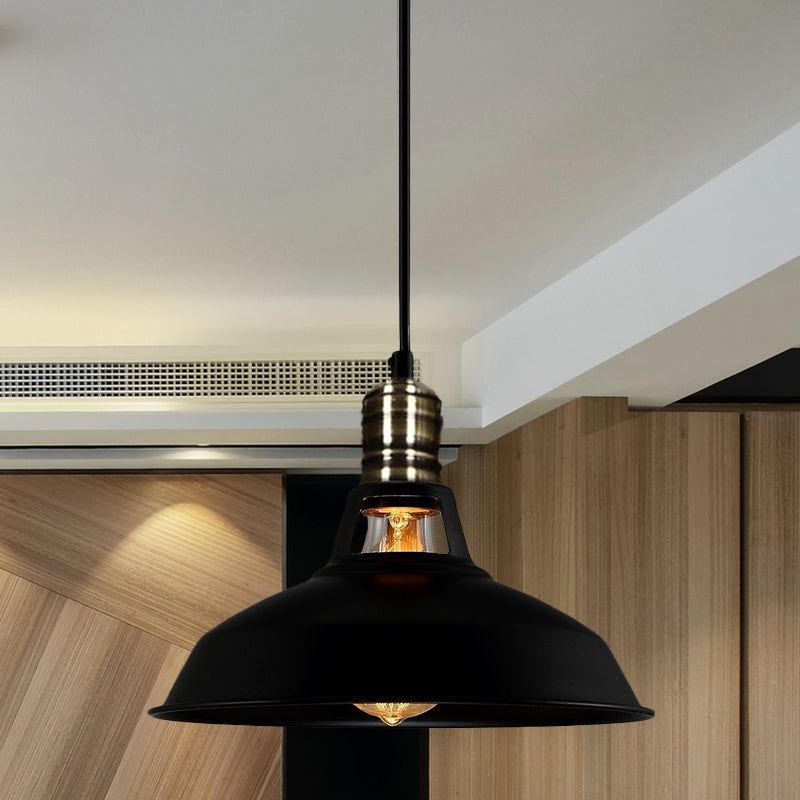 1-Head Barn Pendant Lighting - Industrial Black/White Metallic Suspension Light 10.5/12/15 Inch Dia