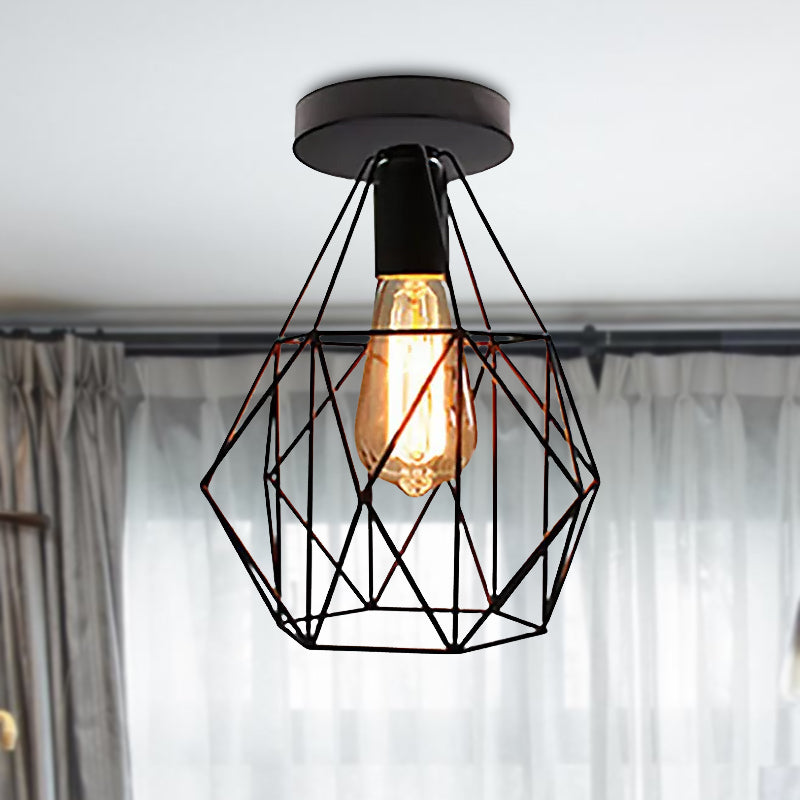 Retro Geometric Cage Ceiling Light: Stylish Iron Semi Flush Mount for Restaurants - Black Design