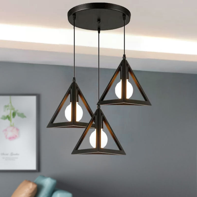 Retro Industrial Hanging Lamp with 3 Triangle Metallic Heads and Wire Guard in Black/White