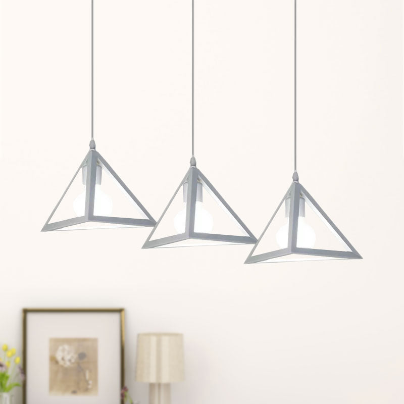 Retro Industrial Hanging Lamp with 3 Triangle Metallic Heads and Wire Guard in Black/White